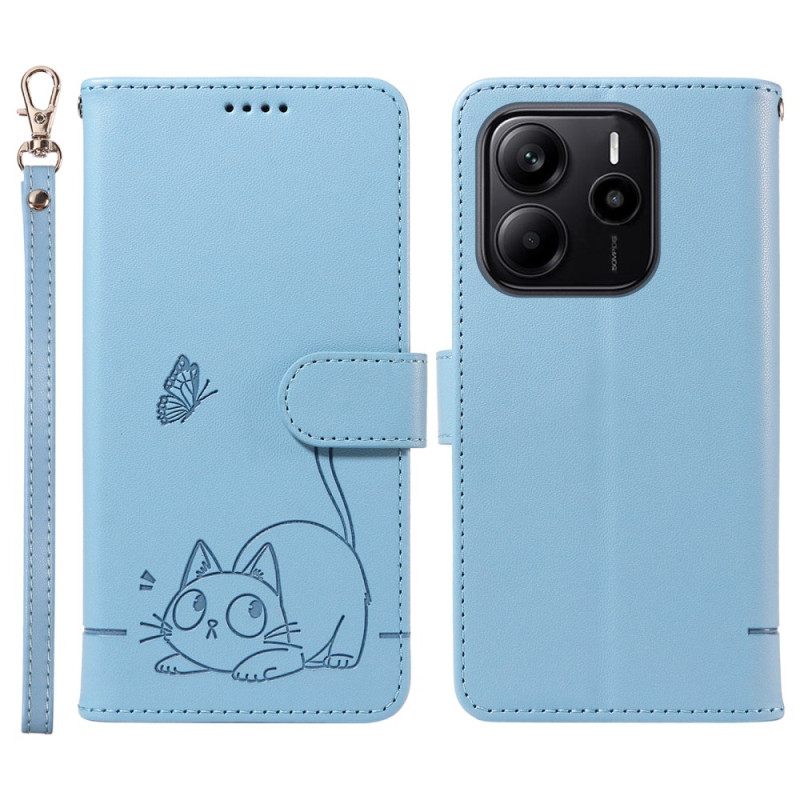 Leren Hoesje Voor Xiaomi Redmi Note 14 4g Leuke Kat Met Bandje