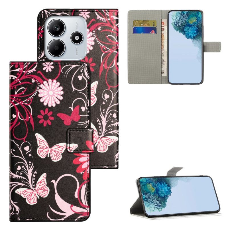 Leren Hoesje Voor Xiaomi Redmi Note 14 4g Vlinders Op Een Zwarte Achtergrond