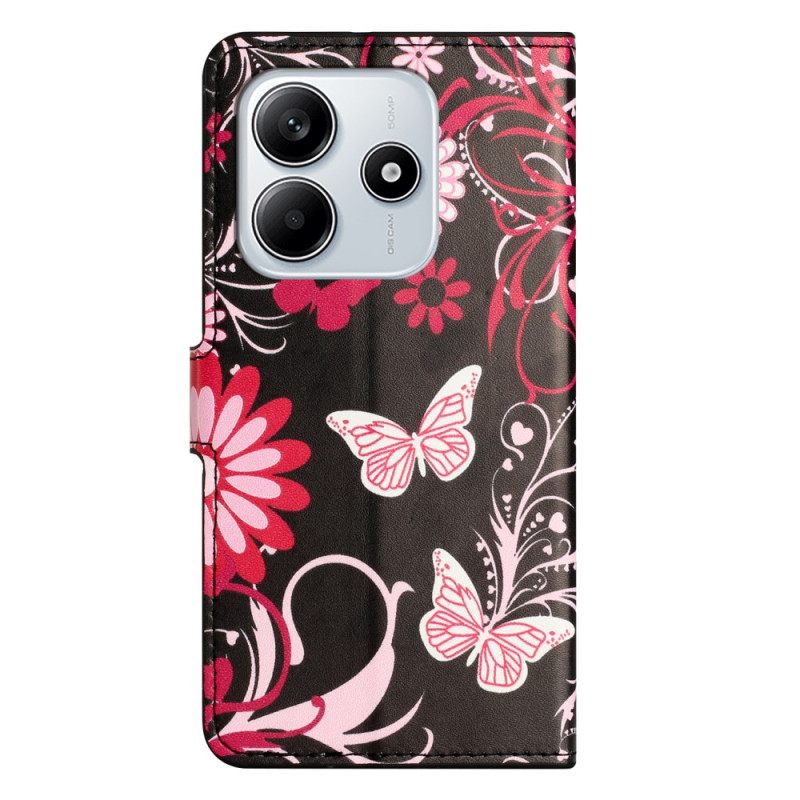 Leren Hoesje Voor Xiaomi Redmi Note 14 4g Vlinders Op Een Zwarte Achtergrond