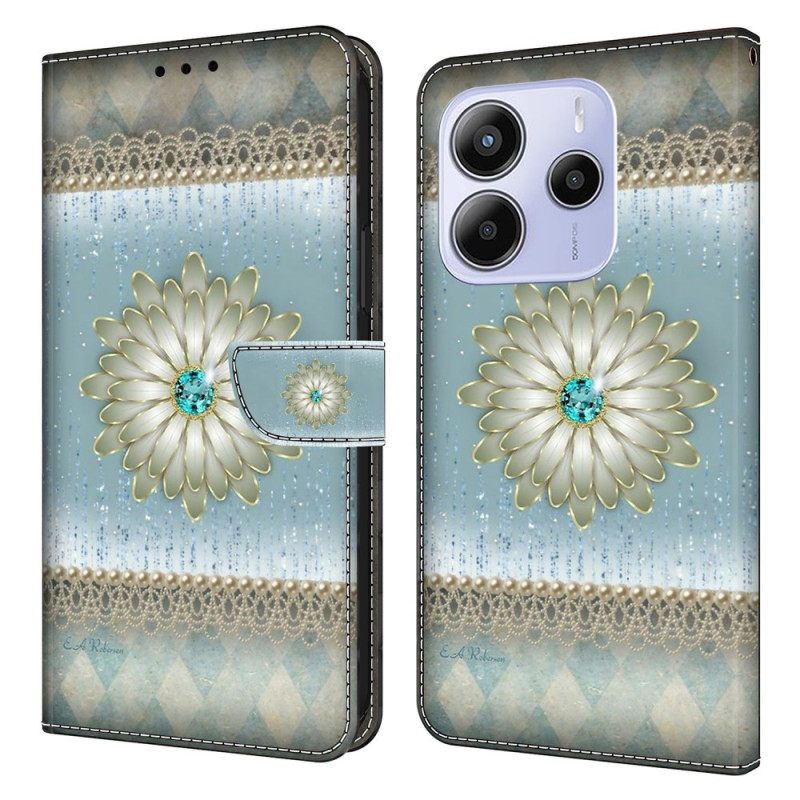 Leren Hoesje Xiaomi Redmi Note 14 4g Bloem En Blauwe Diamant Bescherming Hoesje