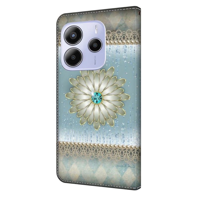 Leren Hoesje Xiaomi Redmi Note 14 4g Bloem En Blauwe Diamant Bescherming Hoesje