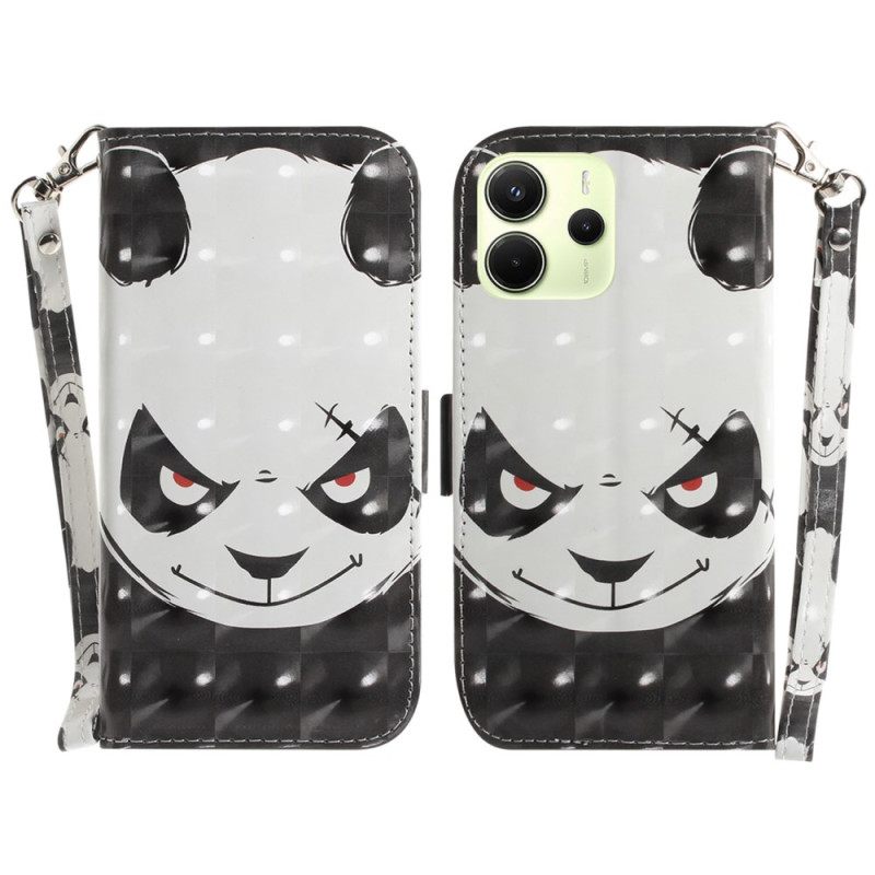 Leren Hoesje Xiaomi Redmi Note 14 4g Boze Panda Met Riempje Bescherming Hoesje