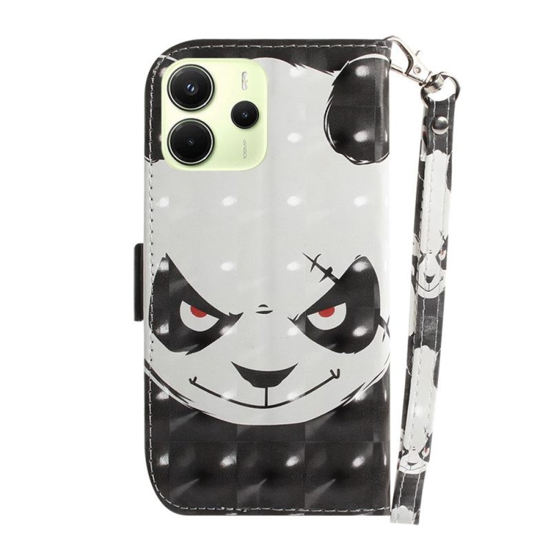 Leren Hoesje Xiaomi Redmi Note 14 4g Boze Panda Met Riempje Bescherming Hoesje