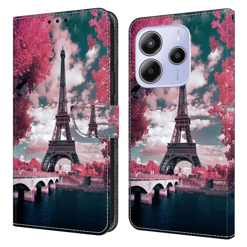 Leren Hoesje Xiaomi Redmi Note 14 4g Eiffeltoren Met Bloemen Bescherming Hoesje
