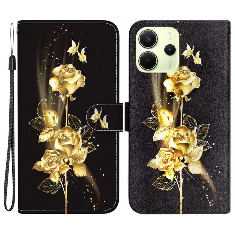 Leren Hoesje Xiaomi Redmi Note 14 4g Gouden En Roze Vlinders Bescherming Hoesje