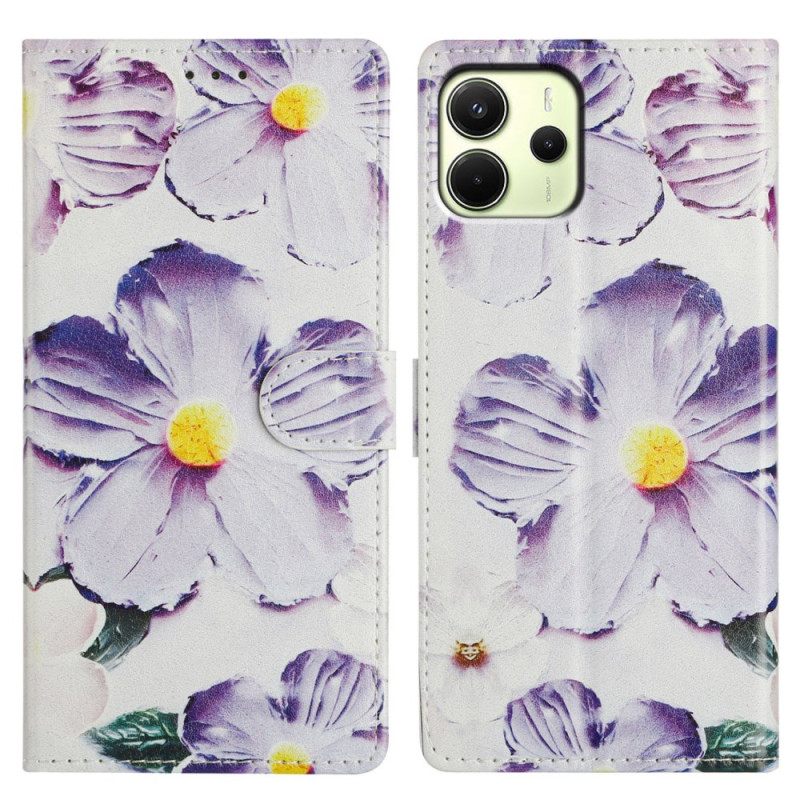 Leren Hoesje Xiaomi Redmi Note 14 4g Paarse En Witte Bloemen