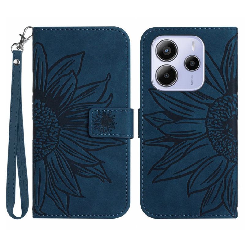 Leren Hoesje Xiaomi Redmi Note 14 4g Zonnebloemprint Met Koord Bescherming Hoesje