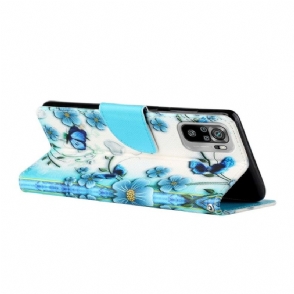 Leren Hoesje voor Xiaomi Redmi Note 10 4G / Note 10S Blauwe Bloemen En Vlinders