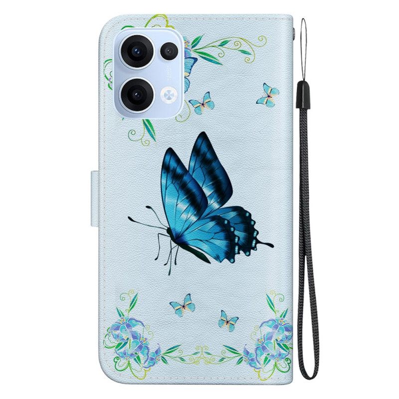 Leren Hoesje Oppo Reno 13 5g Vlinder En Blauwe Bloemen