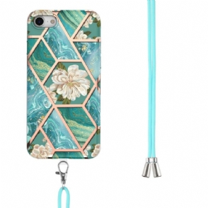 Hoesje voor iPhone SE 2022 Met Koord Marmer En Witte Bloemen