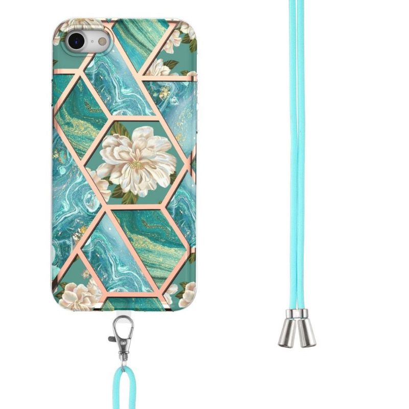 Hoesje voor iPhone SE 2022 Met Koord Marmer En Witte Bloemen