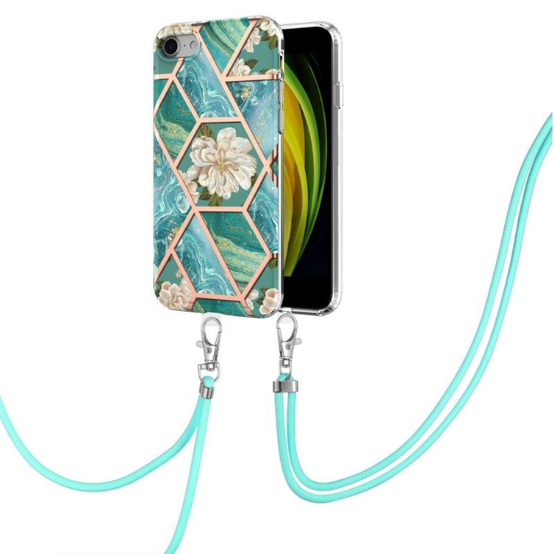 Hoesje voor iPhone SE 2022 Met Koord Marmer En Witte Bloemen