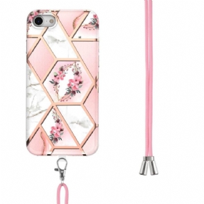 Telefoonhoesje voor iPhone SE 2022 Bescherming Met Koord Marmer En Bloemenkroon