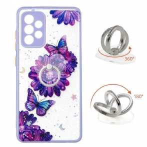 Hoesje voor Samsung Galaxy A72 4G / A72 5G Paarse Bloemen En Vlinders Met Ring