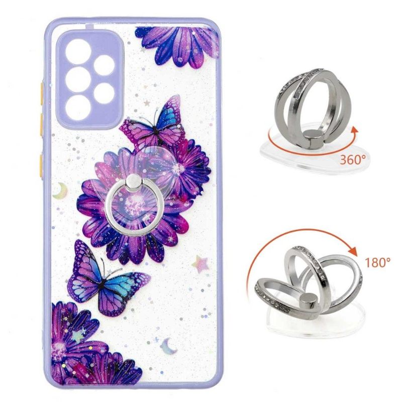 Hoesje voor Samsung Galaxy A72 4G / A72 5G Paarse Bloemen En Vlinders Met Ring