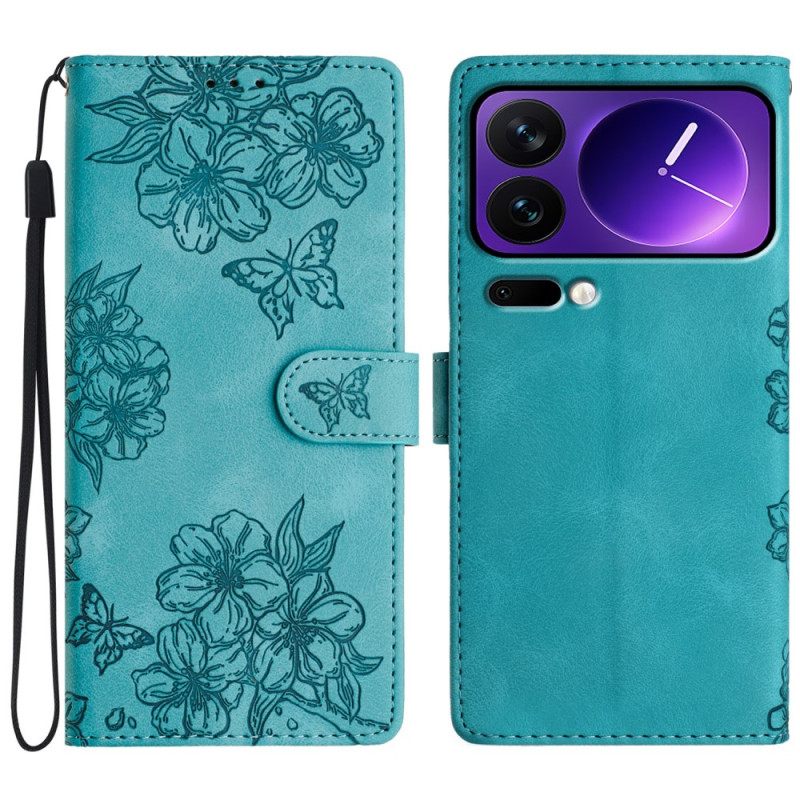 Leren Hoesje Voor Xiaomi 17 Pro Max Vlinder- En Bloemenpatroon