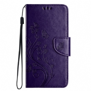 Flip Case Leren Poco C75 Bloemen En Vlinders Met Koord