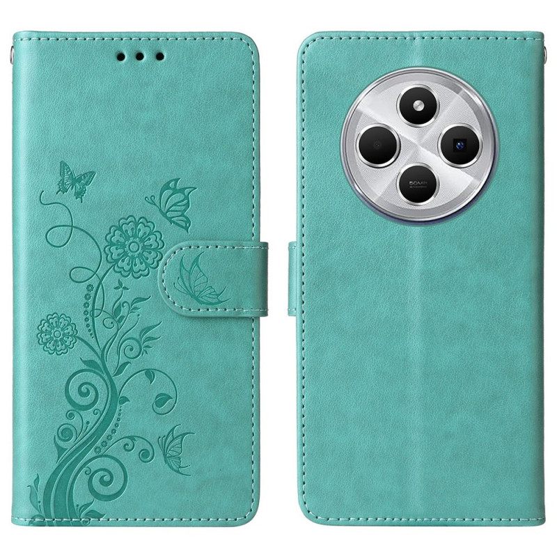 Folio-hoesje Poco C75 Bloemen En Vlinders Met Koord