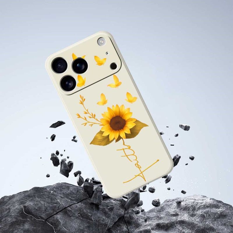 Hoesje iPhone 17 Pro Vloeibare Siliconen Met Zonnebloem En Vlinders Bescherming Hoesje