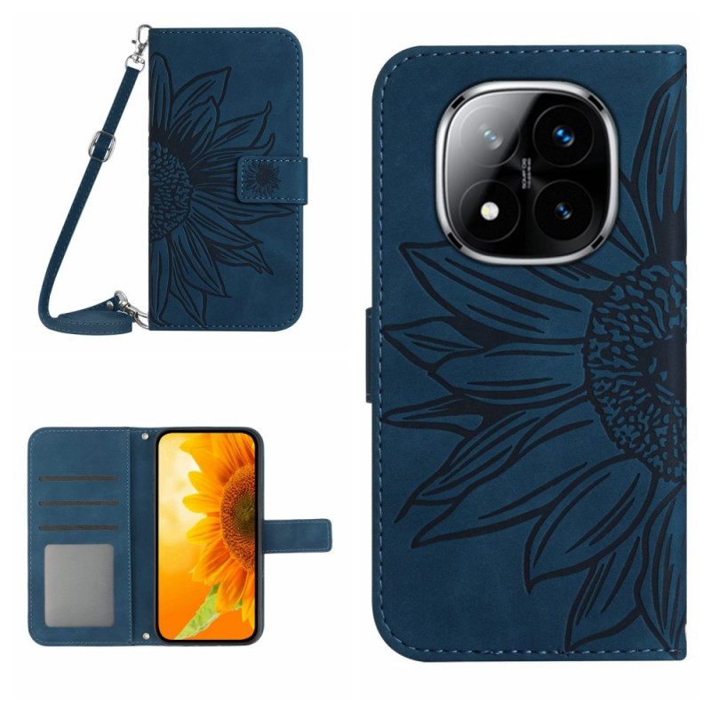 Leren Hoesje Voor Xiaomi Redmi Note 14 Pro 4g Schouderband Met Zonnebloemprint