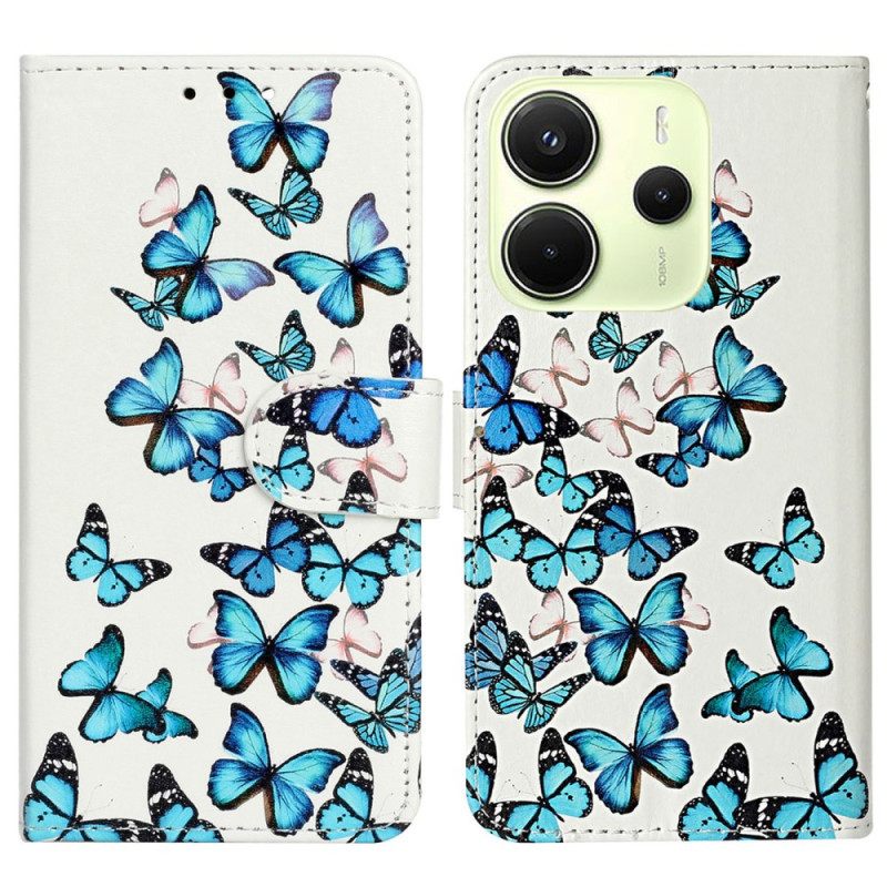 Leren Hoesje Voor Xiaomi Redmi Note 14 Pro 4g Vlucht Van Blauwe Vlinders
