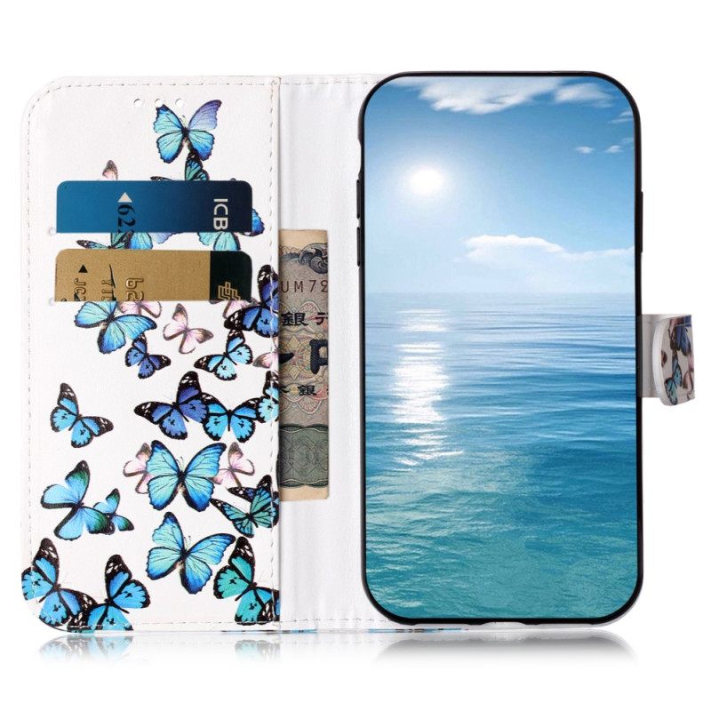 Leren Hoesje Voor Xiaomi Redmi Note 14 Pro 4g Vlucht Van Blauwe Vlinders