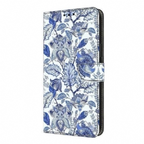 Leren Hoesje Xiaomi Redmi Note 14 Pro 4g Blauw Bloemenpatroon Bescherming Hoesje