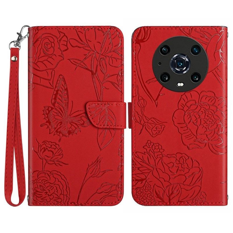 Folio-hoesje voor Honor Magic 4 Pro Illustratie Vlinder En Bloemen Riem