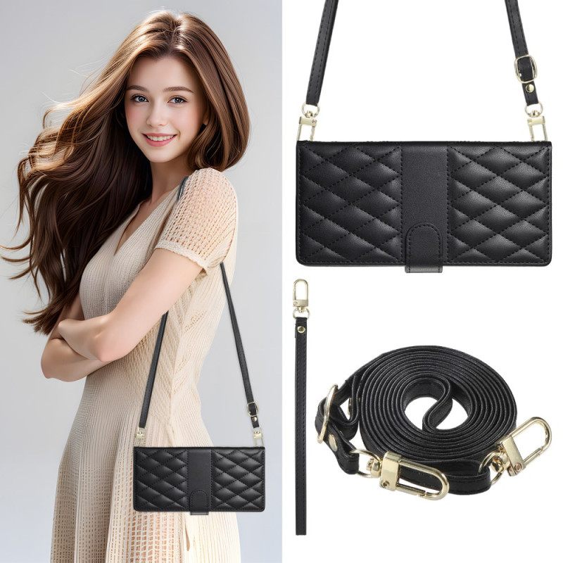 Flip Case Leren Realme 14 Pro 5g Gewatteerd Ontwerp Met Bandje En Schouderband