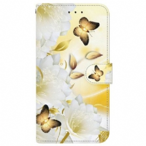 Flip Case Leren Realme 14 Pro 5g Gouden Vlinders En Witte Bloemen