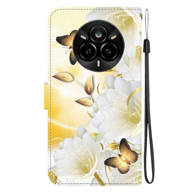 Flip Case Leren Realme 14 Pro 5g Gouden Vlinders En Witte Bloemen