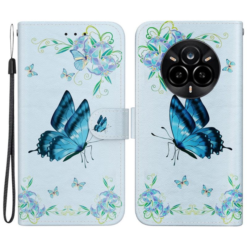 Leren Hoesje Realme 14 Pro 5g Blauwe Vlinders En Bloemen Bescherming Hoesje