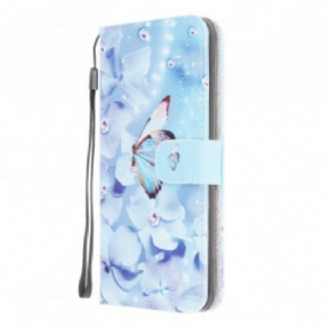 Leren Hoesje voor Moto G50 Met Ketting Strappy Diamanten Vlinders