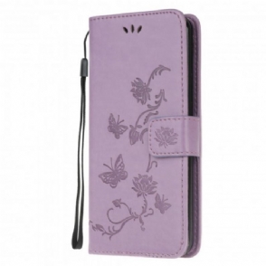 Leren Hoesje voor Moto G50 Met Ketting Vlinders En Bloemen Riem