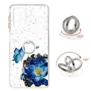 Hoesje voor Samsung Galaxy A32 5G Blauwe Bloemen En Vlinders Met Ring