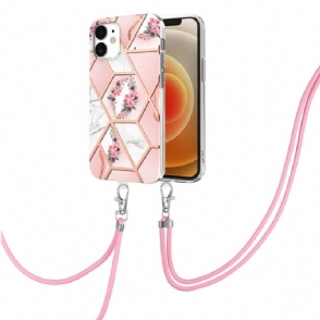 Hoesje voor iPhone 12 / 12 Pro Met Koord Marmer En Bloemenkroon