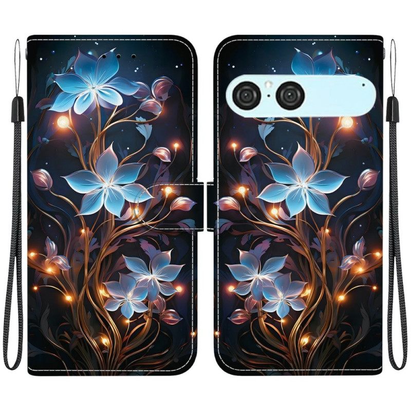 Flip Case Leren Sony Xperia 10 Vii Blauw Bloemenpatroon