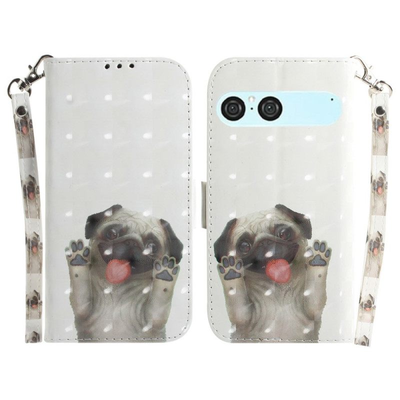 Flip Case Leren Sony Xperia 10 Vii Sleutelkoord Met Mopshond-patroon