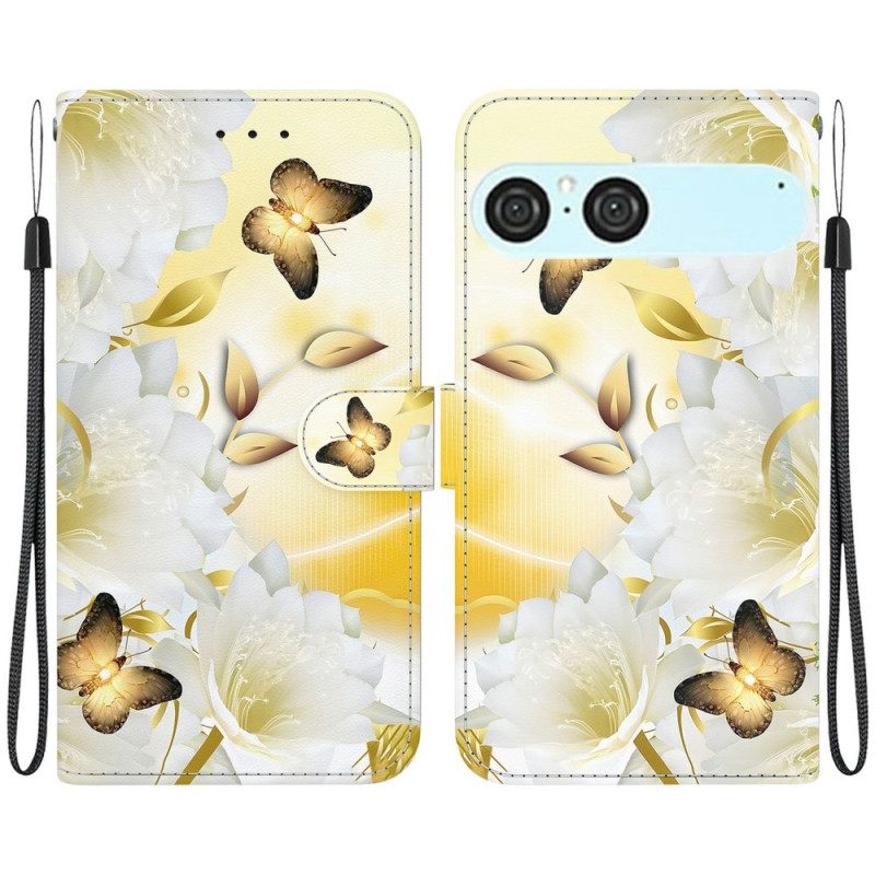 Folio-hoesje Sony Xperia 10 Vii Telefoonhoesje Gouden Vlinders En Witte Bloemen