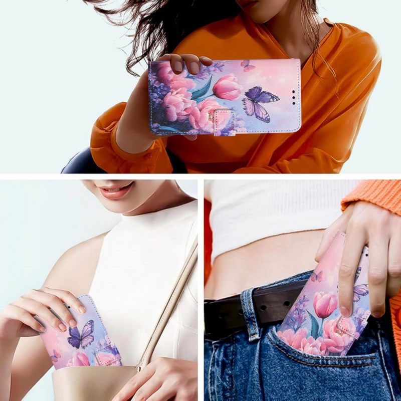 Folio-hoesje Sony Xperia 10 Vii Telefoonhoesje Roze Bloemenpatroon