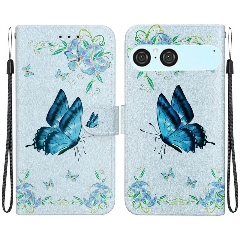 Leren Hoesje Sony Xperia 10 Vii Blauwe Vlinder En Bloemen Bescherming Hoesje
