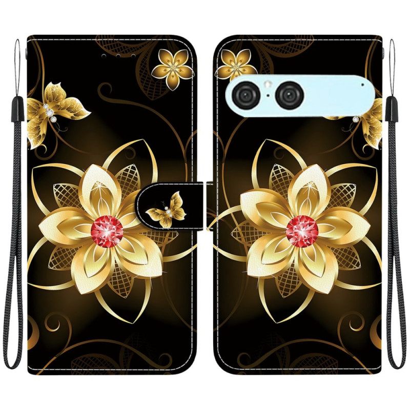 Leren Hoesje Sony Xperia 10 Vii Gouden Bloem Bescherming Hoesje