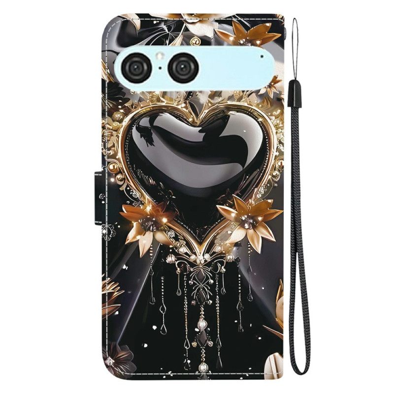 Leren Hoesje Sony Xperia 10 Vii Zwart En Goud Hart Bescherming Hoesje