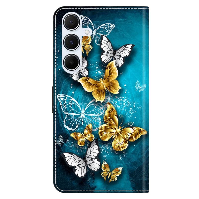 Folio-hoesje Samsung Galaxy A17 4g / 5g Telefoonhoesje Gouden Vlinders Op Groene Achtergrond