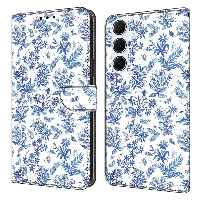 Leren Hoesje Voor Samsung Galaxy A17 4g / 5g Blauwe Bloemen
