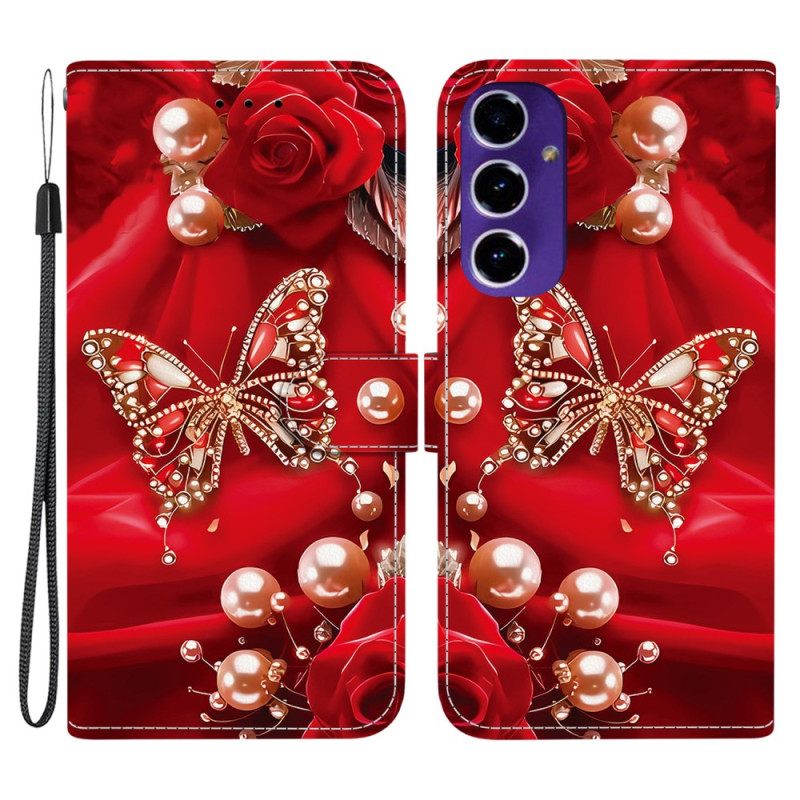 Leren Hoesje Voor Samsung Galaxy A17 4g / 5g Gouden En Parelmoeren Vlinder