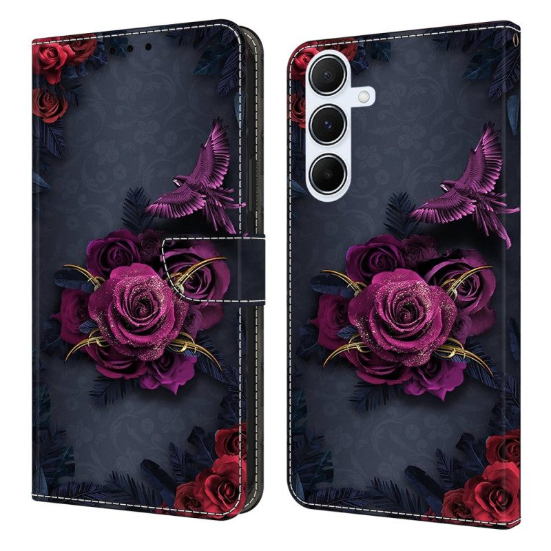 Leren Hoesje Voor Samsung Galaxy A17 4g / 5g Paarse Bloemen