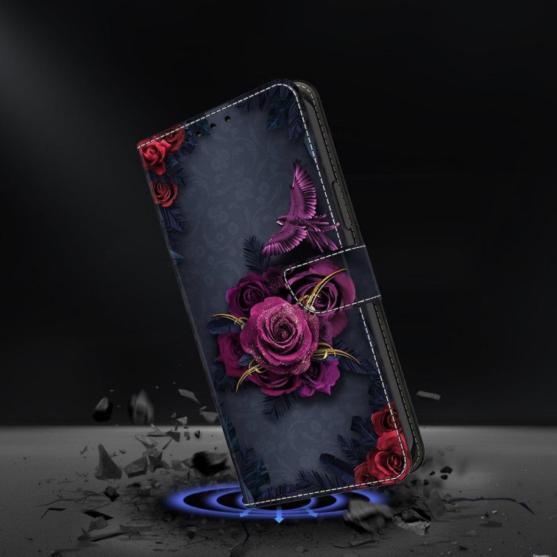 Leren Hoesje Voor Samsung Galaxy A17 4g / 5g Paarse Bloemen