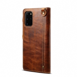 Folio-hoesje voor Samsung Galaxy S20 Plus Zichtbare Naden Van Echt Leer