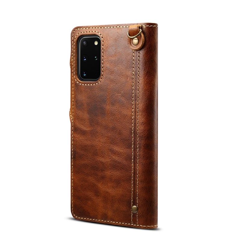 Folio-hoesje voor Samsung Galaxy S20 Plus Zichtbare Naden Van Echt Leer